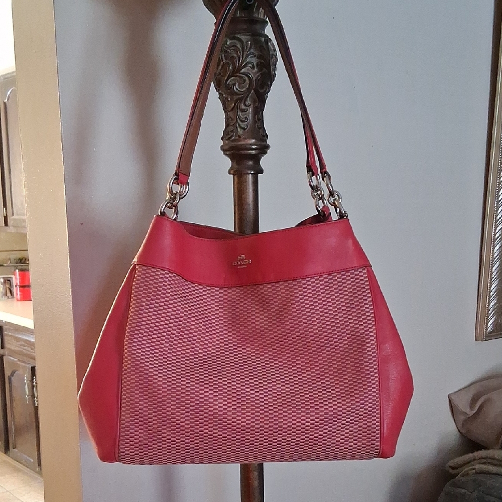 Coach Lexy Legacy Jacquard, Leather Vibrant Red and Hot Pink Shoulder Bag
